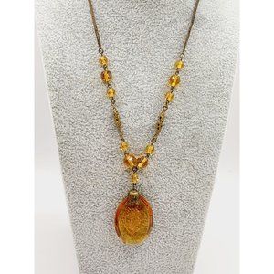 Antique Art Nouveau Czech Flower Intaglio Glass Pendant Necklace (A472)